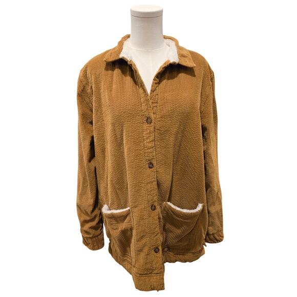 LL Bean Corduroy Relaxed Sherpa Lined Shacket Shirt Jacket Womens XL Brown - Picture 1 of 12